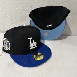 MLB New Era Los Angeles Dodgers Black Blue Brim 60th Anniversary Patch 59fifty Fitted Hats Size  7 3/8 
