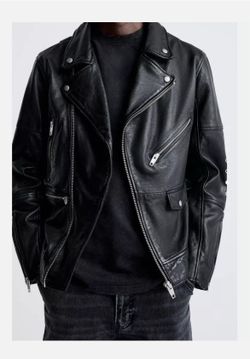 Zara 100% Sheepskin Leather Biker Jacket XL Black 5388/300/800