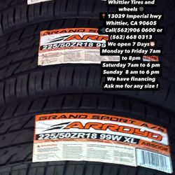 SET OF NEW TIRES 225/50R18 ARROYO , INCLUDING MOUNTING AND BALANCING. ASK ME FOR ANY SIZE OR BRAND, WE HAVE THE BEST PRICES OF CALIFORNIA