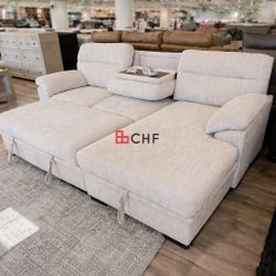94"W Beige Chenille Fabric Sleeper Sectional Sofa with Right-Facing Chaise, Cupholders, USB Charging port