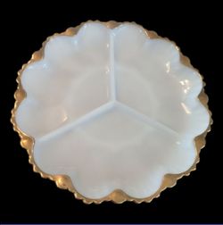 Vintage 50s Anchor Hocking Milk Glass 22K Gold Gold Trimmed 3 Section Round Relish Dish Server 9.75"D