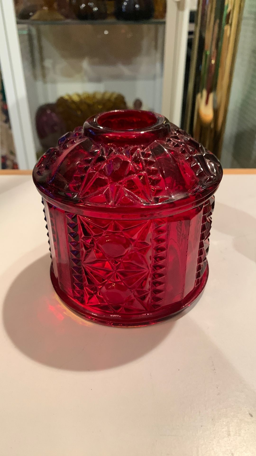 Indiana Glass Stars and Bars Ruby Red Fairy Candle Lamp TOP ONLY