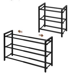 Expandable black metal three tier shoe rack