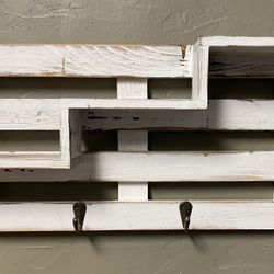 White Wash Wood Farmhouse Shelf with Hooks