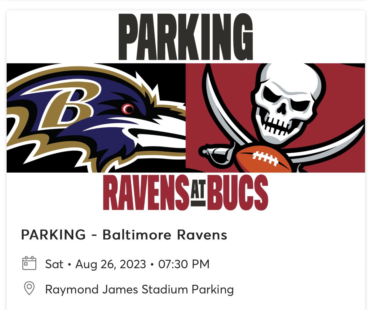 Baltimore Ravens Tampa Bay Buccaneers Parking Pass