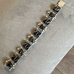 VINTAGE Mexican STERLING SILVER 925 BRACELET with obsidian retro tribal
