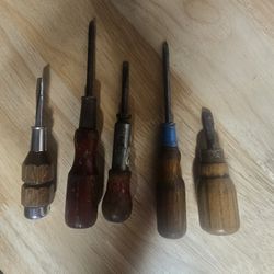 5 Vintage Wood Screwdrivers Set