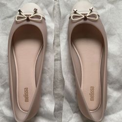 MELISSA DOLL V PINK/BEIGE CAP TOE BALLET FLAT SIZE 7 $60.00