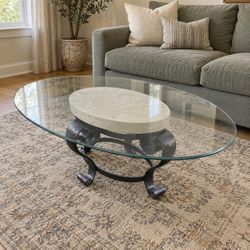 Glass & Stone Coffee Table โ Beautiful Scrollwork Base