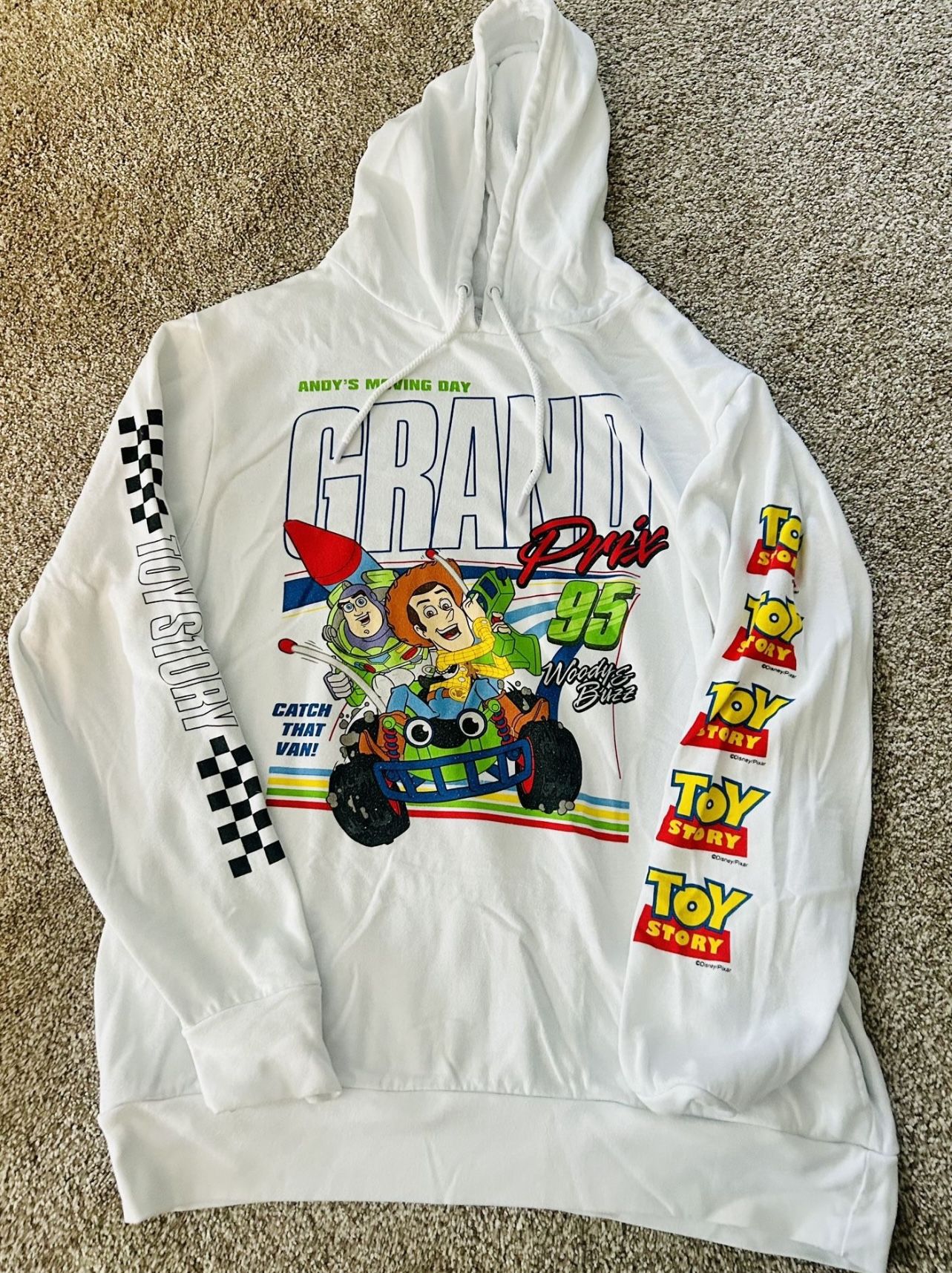 Disney Pixar Toy Story Buzz & Woody Andy's Moving Day Grand Prix Hoodie Size XXL