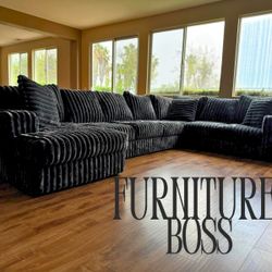 Black Sectional Sofa With Soft Fur Like Corduroy Fabric