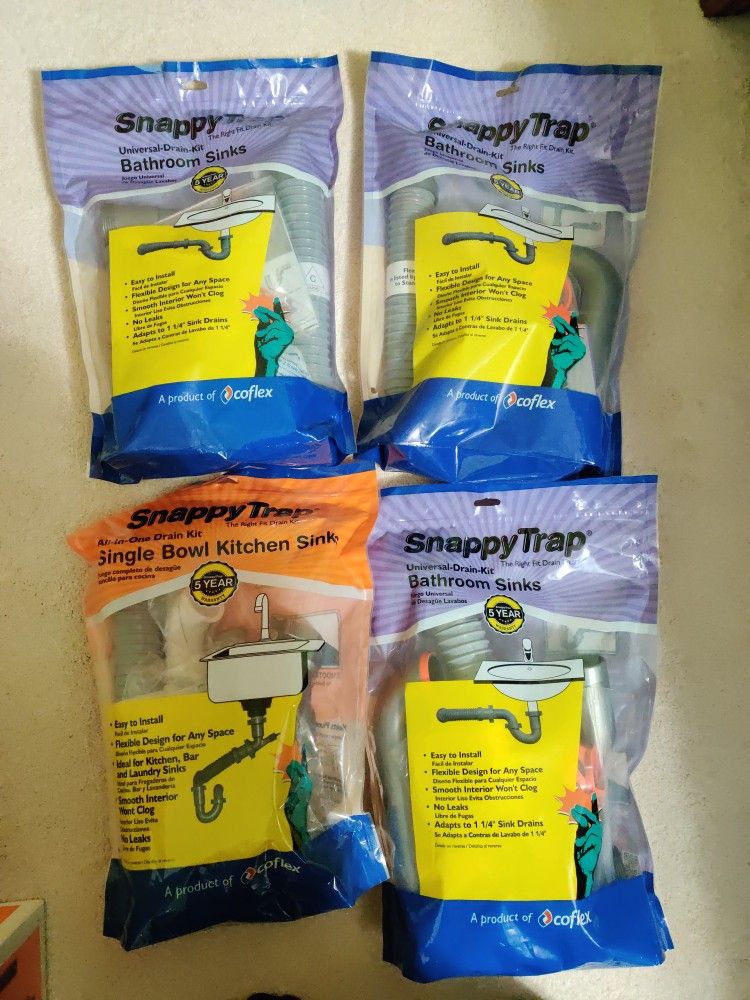 4-PACK SnappyTrap Drain Kits: (3) Bathroom + (1) Kitchen - NEW Plumbing Bundle!