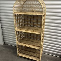 Vintage Wicker & Twine Metal Wrapped Standing  Arched Shelf Bookcase