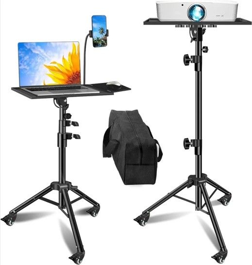 Projector Stand with Wheels, Laptop Tripod from 29" to 69" with Mouse Tray, Adjustable Height DJ Racks Stands with Gooseneck Phone Holder