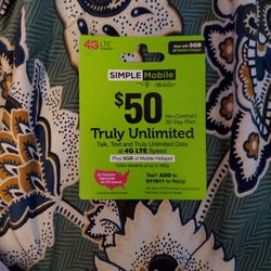 Simple Mobile T-Mobile Truly Unlimited 4G Card $50  Asking 45