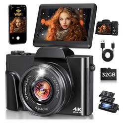 4K Digital Camera for Photography with WiFi,64MP Autofocus 3'' 180° Flip Screen 16X Zoom Vlogging Camera for YouTube, Compact Travel Camera for Beginn