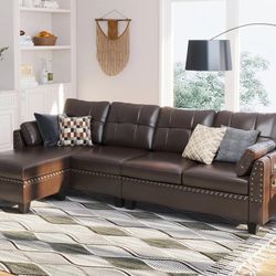 HONBAY 4-Piece Faux Leather Convertible Sectional With Storage Ottoman