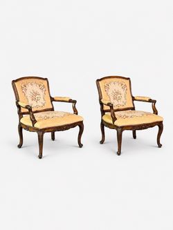 Pair of French Louis XV Carved Walnut Fauteuil Armchairs with Floral Needlepoint Upholstery, c.1920's - Delivery Available