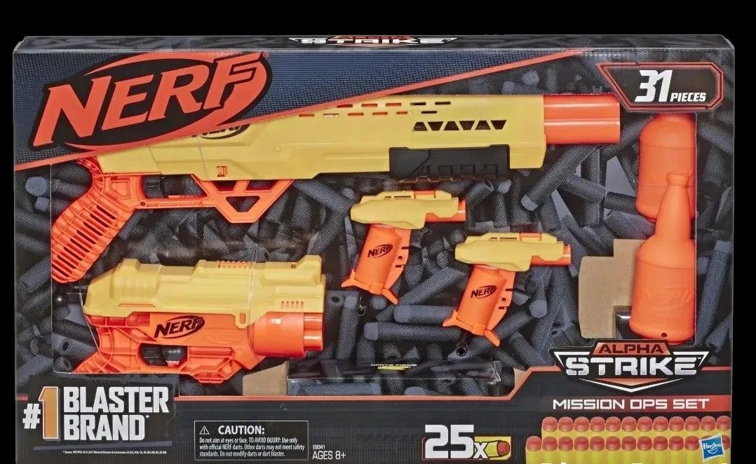 Nerf Alpha Strike Mission Ops Set, 4
Blasters, 2 Half-Targets, 25 Nerf Darts