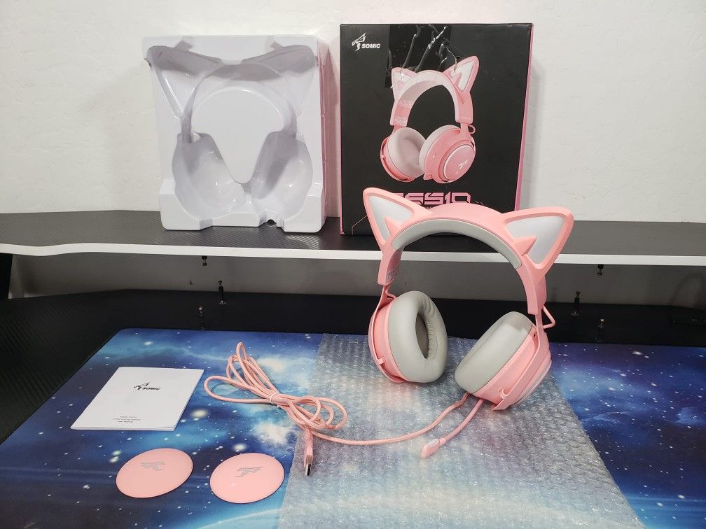 New Cat Ear Headset, USB Pink Gaming Headset W/ Retractable Mic, 7.1 Surround Sound, RGB Lighting, Wired Headset for PC, PS4, PS5, USB