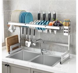 34"Drying Rack, Kitchen Shelf, Non-Slip Bottom Multipurpose Durable Stainless Steel Black Kitchen Utensils for Home Storing Tableware (slive) (black)