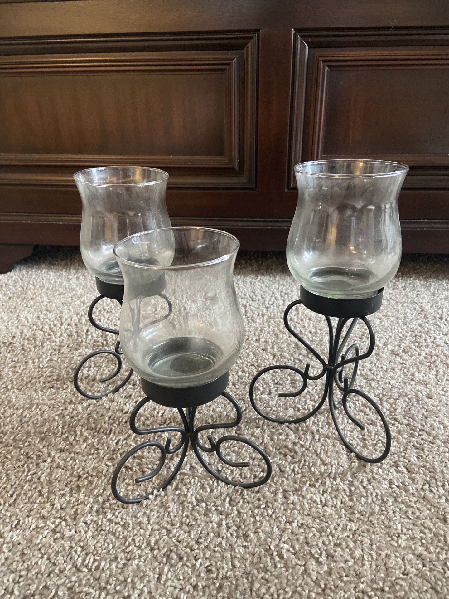 Set of 3 Hurricane Candle Holders – Black Scroll Metal Base