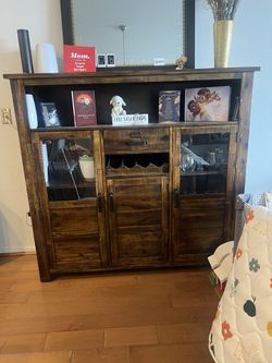 Rustic Solid Wood Buffet / Sideboard – Glass Door Bar Cabinet with Wine Storage