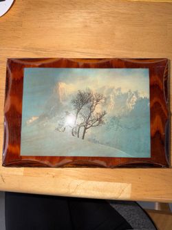 Vintage Winter Snow Covered Mountains With Tree Poster. Back of board has stain build up & 1979 written on back. Little chip on wood corner on back