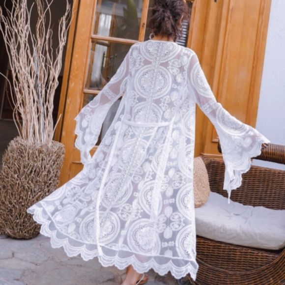 PURE WHITE KIMONO ROBE CARDIGAN DUSTER LACE BOHO CHIC BOHEMIAN