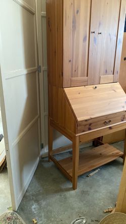 Pine Bookcase and hidden desk with drawer