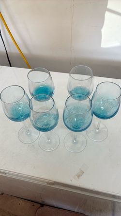 Blue Bubble Glass Wine Glasses Set of 6