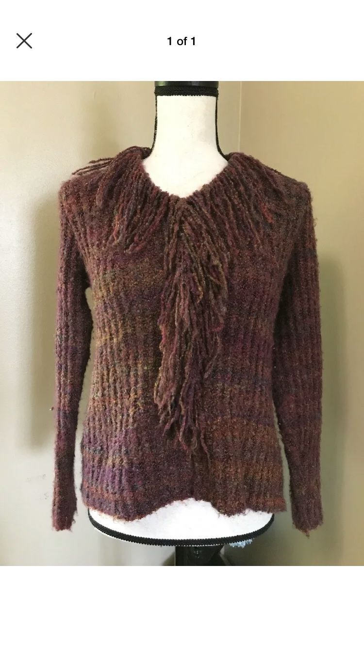 Parkhurst Multi Color Soft Ribbed Knit Sweater Fringe Neck Womens S Small Petite
