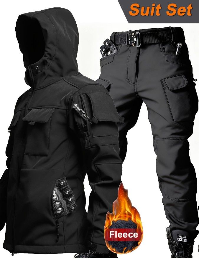 Men's Outdoor Casual Set Softshell Jacket Work Pants Autumn/ Winter -Lined Contrast-Color Hooded Two-Piece Sports Windproof Warm Workwear Multi-Pocket