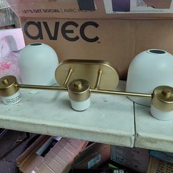 Progress Lighting 22" 3 light bathroom vanity light fixture in brushed gold with white metal shades