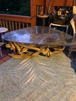 Vintage mid century coffee table glass top wood log table RARE unique