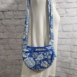 Vera Bradley Blue & White Floral Quilted Crossbody Bag With Adjustable Strap & Multiple Zipper Compartments