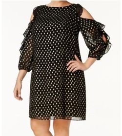 Jessica Howard Plus Size Black Gold Printed Ruffle Cold-shoulder Shift Dress 20w