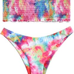 ZAFUL Women's Striped Smocked Bandeau Bikini Set Strapless Shirred Padded Two Piece Swimsuits

