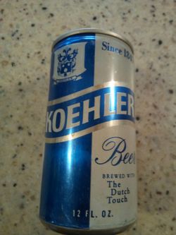 Vintage Koehler empty beer can/ brewed with the Dutch touch/ the Erie brewing company, Erie,pa./12 ounce aluminum can drained from bottom