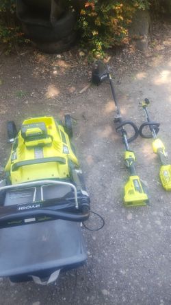 Like new 40v Ryobi mower and 2 Ryobi 40v weedeatters