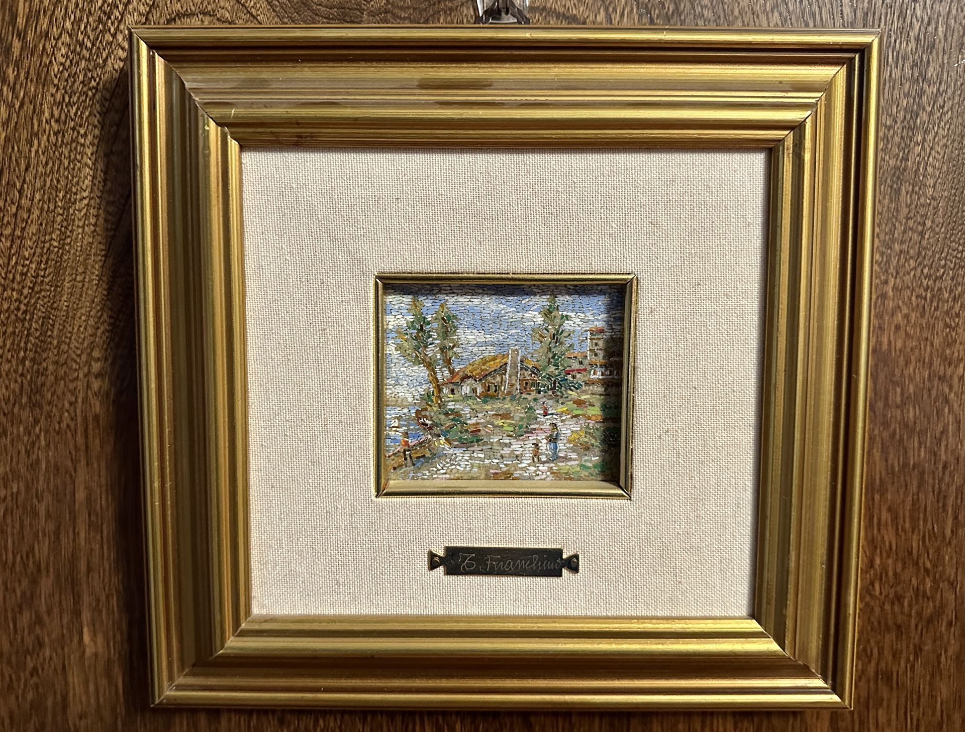 Vintage Framed Continental Village Scene Micro Mosaic Artwork by Telesforo Franchino