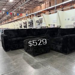 Beautiful Black Sectional Sofa With Ottoman Corduroy Fabric Material 