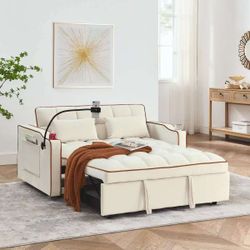 3 in 1 Sleeper Sofa Couch Bed, Velvet Convertible Loveseat Futon Sofa w/Pullout Bed, Adjustable Backrest, with USB Port and Ashtray and Swivel Phone 