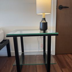 Two Crate and Barrel End Tables - Rod Iron And Plate Glass 