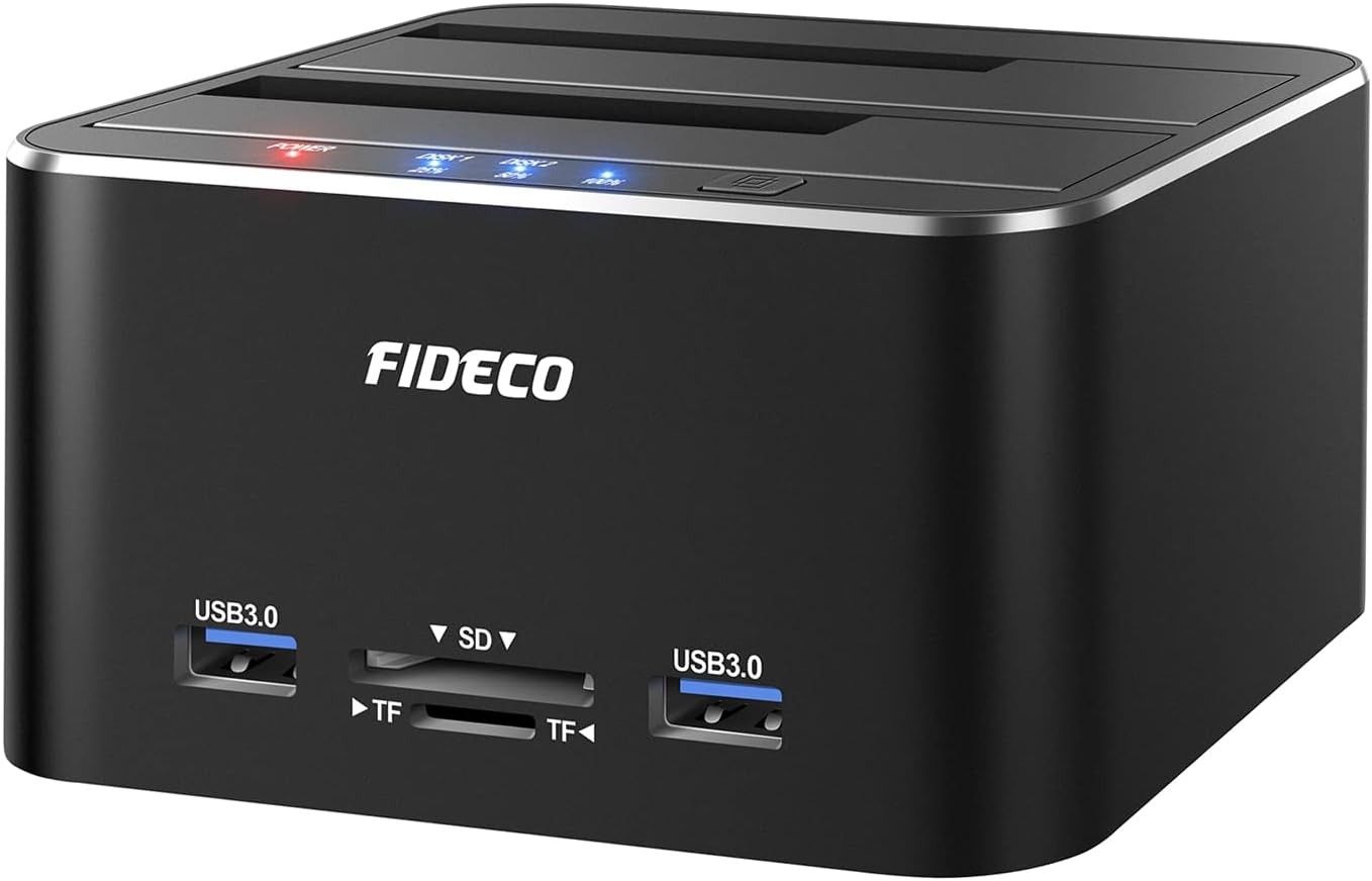FIDECO USB 3.0 to SATA Hard Drive Docking Station Dual-Bay External HDD Dock with Offline Clone/Duplicator Function and TF & SD Card Slots for 2.5/3.5