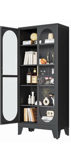 71" H Locking Display Cabinet with Glass Door, Metal Curio Cabinets with 4 Adjustable Shelves, Tall Liquor Cabinet Display Case for Living Room, Colle