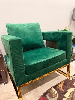 A pair of Green Velvet Accent Chair Gold Base