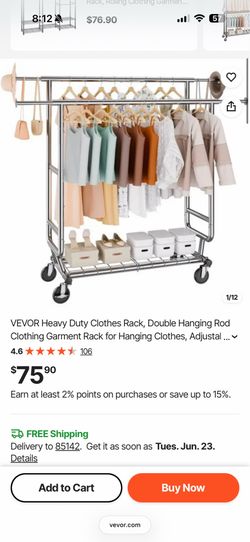 VEVOR Heavy Duty Clothes Rack, Double Hanging Rod Clothing Garment Rack Hanging Clothes, Adjustable