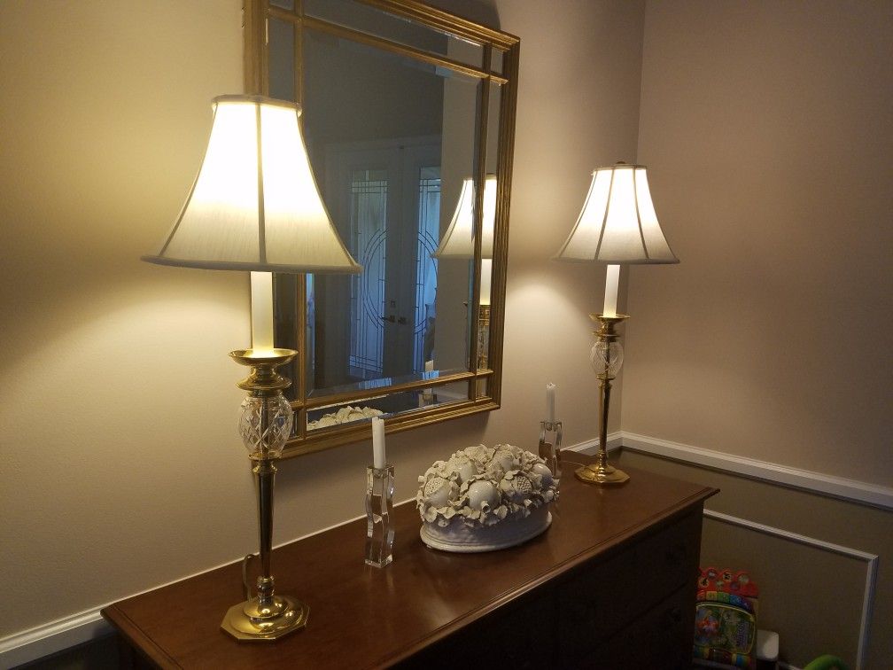 Pair of Brass Crystal Lamps