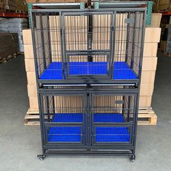 (NEW) $370 Stacking Dog Cage (Set of 2) Heavy Duty 41x31x65” Crate Kennel w/ Plastic Tray, Wheels